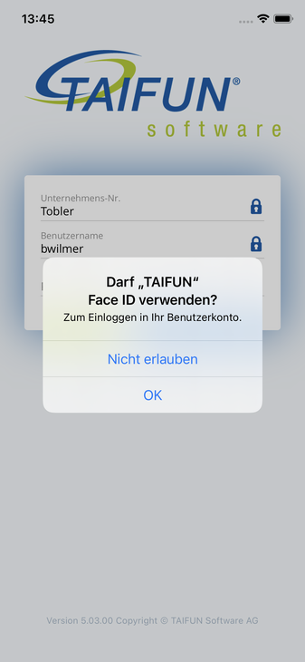 Screenshot: Anmeldung mit biometrischer Authentifizierung