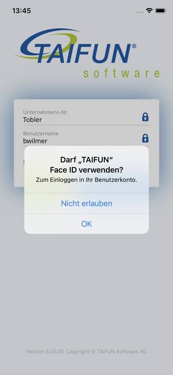 Screenshot: Anmeldung mit biometrischer Authentifizierung