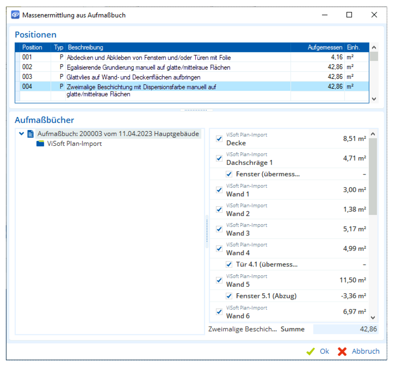 TAIFUN-Aufmaßbuch nach Übernahme aus ViSoft Smart