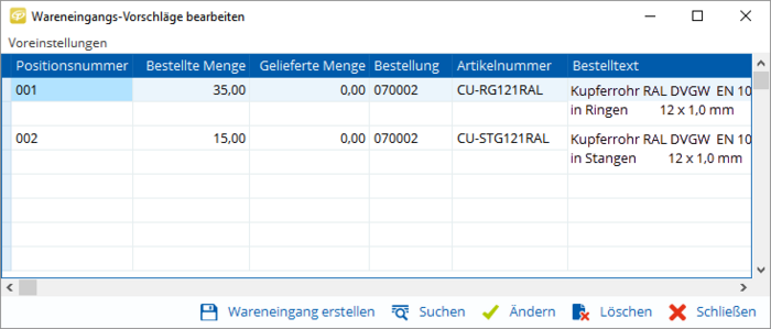 Wareneingang bearbeiten