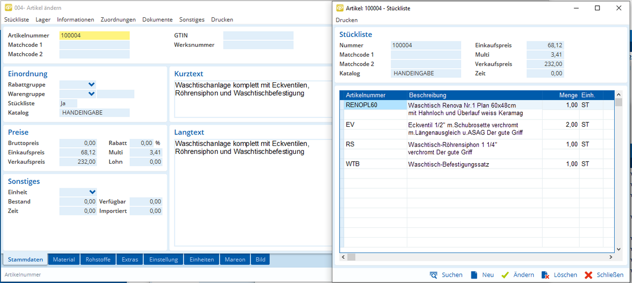Stücklisten für Artikelkompositionen