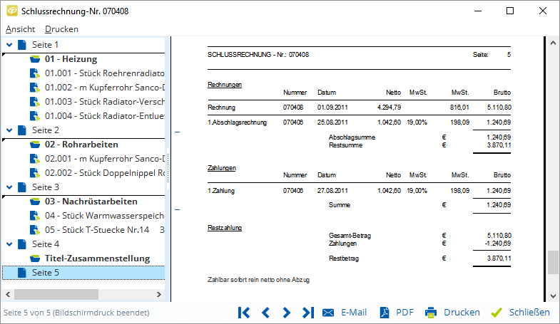 Schlussrechnung in TAIFUN