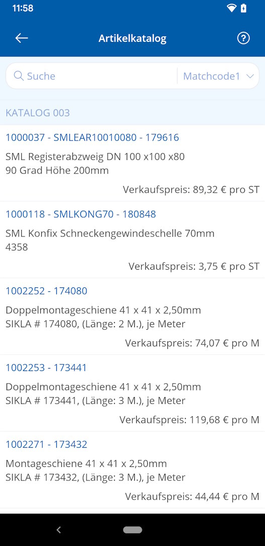 TAIFUN Android App: Artikelkatalog